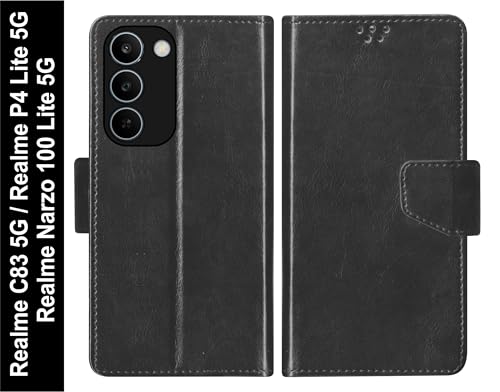 Image of SBMS Flip Cover for Realme C83 5G /Narzo 100 Lite 5G /P4 Lite 5G Back Case with Magnatic Closure | Genuine Leather Finish | Inbuilt Stand | Card & Money Pocket | Wallet Style Flip Cover (Black)