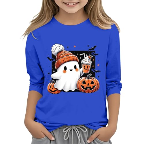 Pumpkin Halloween Shirts for Teens Girls Funny Ghost Graphic Crewneck 3/4 Sleeve Tees Kids Cute Holiday Party Summer Clothes