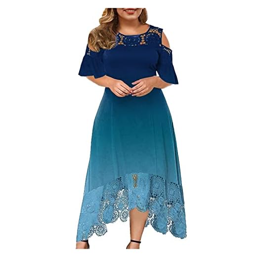 Women's Summer Plus Size Maxi Dress for Wedding Guest Lace Cold Shoulder Dresses Asymmetrical Hem Long Ombre Dress Blue