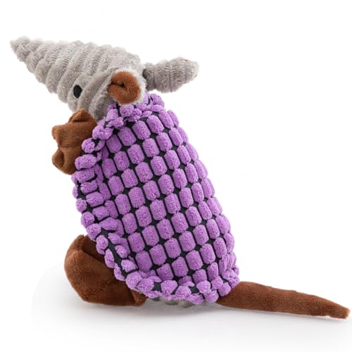 Image of Hollypet Plush Dog Squeaky Toy Stuffed Armadillo Animal Pet Puppy Chew Toys with Clean Teeth for Small Medium Large All Breed Sizes Dogs, Purple, 8 in