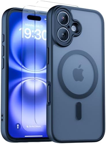 CLFZON für iPhone 16 Hülle (Kompatibel mit MagSafe) mit 2 Schutzfolie, (Vollständiger Kameraschutz) Kratzfest Transluzente Rückseite Magnetisch Handyhülle, Blau