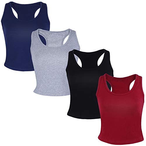 4 Pieces Womens Basic Crop Tops Sport Cotton Tank Tops Racerback Sleeveless Top Sleep Bra, 4 Colors (S)