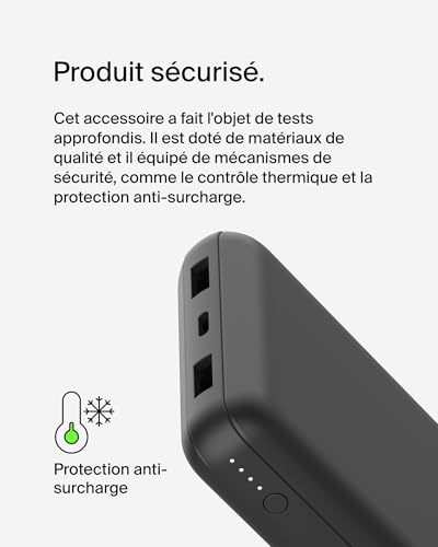 Belkin Batterie externe USB-C 20000mAh (power bank puissance de 20K, entrée et sortie USB-C, 2 ports USB-A, câble USB-C vers USB-A fourni, pour iPhone, Galaxy, Pixel, iPad, AirPods, etc.) - Noir