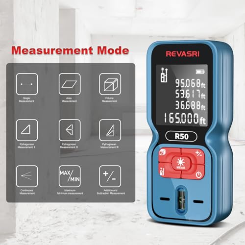 REVASRI Laser Measure 165feet Laser Distance Meter, ±1/16inch Accuracy Digital Measurement Tool, Easy to Use, Measure in Meters/Feet/Inches/Ft+in (Battery Included) - Thumbnail 3