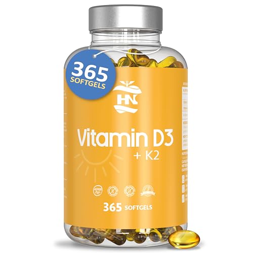 Vitamin D - 365 capsules vitamine D3 K2 - Sterk geconcentreerde vitamine D (5000 IE). Ondersteunt het immuunsysteem en de botfunctie