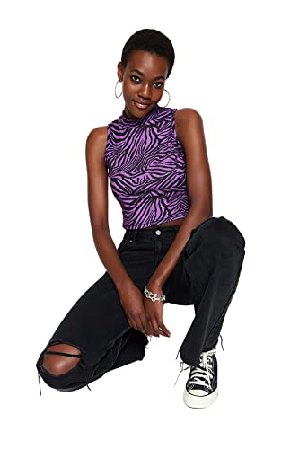 Trendyol Women Slim fit Basic Standing Collar Knit Blouse,Purple,L