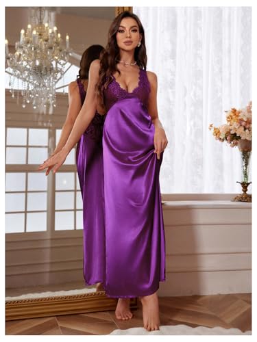 Image of WDIRARA Women's Satin Sleepwear Nightgown | Lace, Backless, Deep V Neck, Sleeveless, Long