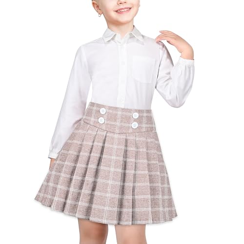 Girls Skirt Set T-Shirt Beige Grid Check Plaid Pleated School Casual Size 9-10