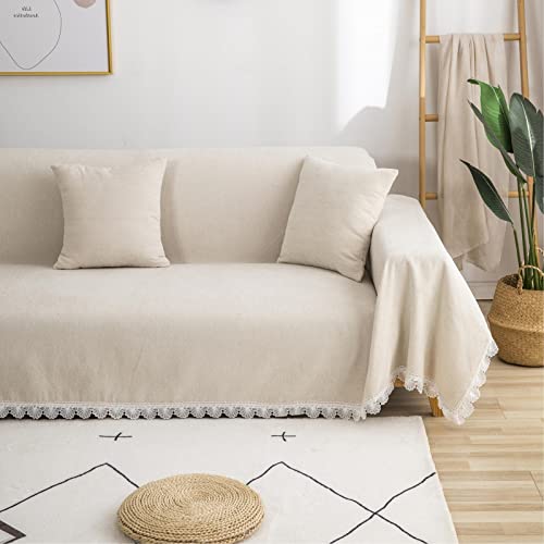Roomlife Elegant Ivory White Chenille Sofa Slipcover With Lace Edge Universal Sofa Covers For 2-3 Cushion Couch Living Room Furniture Protector Couch Cover Blanket For Dogs Pet, 71"X118" #TOP2