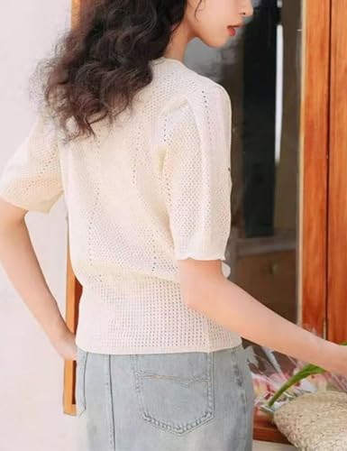 Xunger Women's Cute Cherry Embroidery Knit Cardigan V-Neck Summer Crochet Cropped Top Lightweight Casual Blouse4