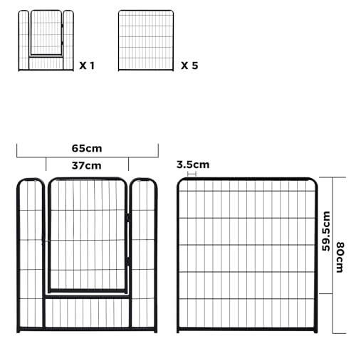 XMTECH 6-teilig Welpenlaufstall Freilaufgehege Hundelaufstall 80cm hoch, Welpenauslauf mit 1 Türen & 5X Erdanker, flexibel und faltbar, Welpengitter für Wohnung & Garten