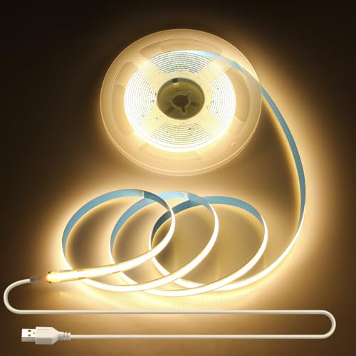 Aclorol Bande LED COB 5 V blanc chaud 3000 K flexible avec port USB 3 m 960 LED 8 mm de large avec autocollant pour rétroéclairage TV, sous armoires de cuisine, salon