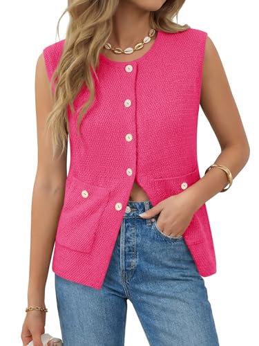 Image of Yousify Womens Sweater Vest Sleeveless Button Down Round Neck Knitted Tank Tops Casual Cardigan with Pockets