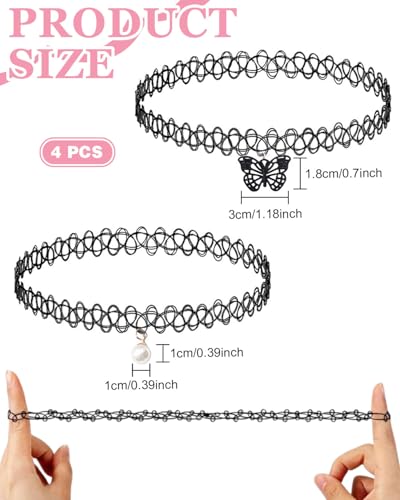 JUKOTA 4 Stück Stretch halsbänder Schwarz Choker Halskette mit Anhänger Damen Elastische Tattoo Halskette für Mädchen Frauen Teen Geschenk Geburtstagsgeschenk