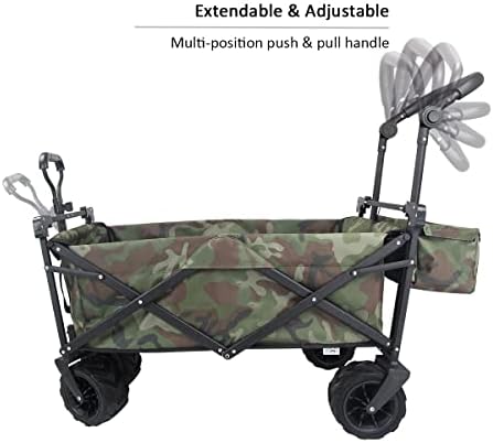 TANGZON Foldable Wagon Cart, Collapsible Garden Trolley Handcart with Removable Canopy, Adjustable Handle, Big Wheels & Front Pocket, Utility Transport Trailer for Camping Shopping Sport (Camouflage)