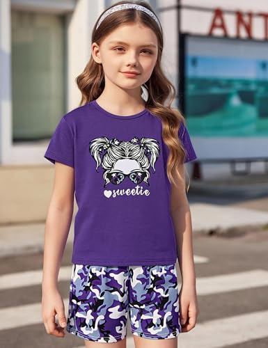 Image of mksodopy Girls Summer Clothse Graphic Print Front and Back High and Low Irregular T-shirt Cycling Shorts Set