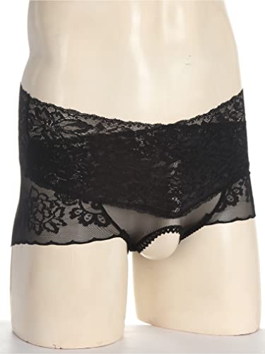 Hularka Men's Sissy Panties Floral Lace High Waist Mesh Briefs Underwear Crossdressing Panty Black Large #TOP3