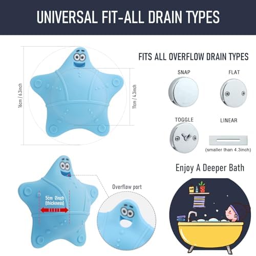 Bathtub Overflow Drain Cover, Bath Accessories, Soak Bath Overflow Drain Cover, Silicone Bath Tub Drain Plug with 5 Suction Cups, Adds Inches of Water for Deeper Bath, Cute Tub Stopper (Blue)