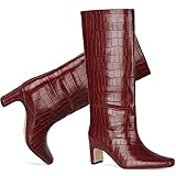 LEHOOR Women Red Chunky Block Heel Wide Calf Boots Knee High Slip On Square Toe Western Cowboy Boots Animal Print Mid Calf Boot Kitten Heel Boots Casual Dress Riding Boots Matte Burgundy 9.5