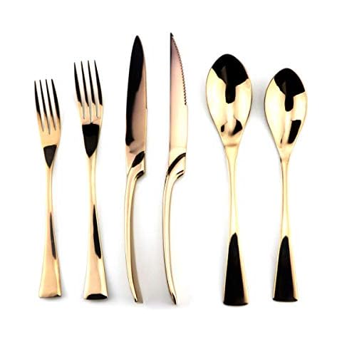 Uniturcky Rose Gold Stainless Steel Mirror Polished Flatware Set, Steak Knife Dinnerware Knife Fork Salad Fork Dessert Spoon 6-piece, Service for 1 Cover
