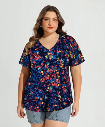 Image of RITERA Women Plus Size Tops Tie Dye V Neck Shirt Floral Camo Summer Short Sleeve Tunic Oversized Ladies Blouse XL-5XL