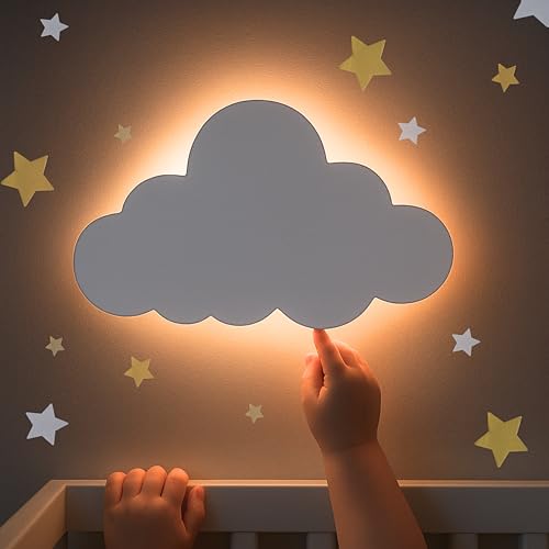 Image of KALEOLI Nursery Night Light – Dimmable Cloud Wall Light for Kids and Baby Room Decor – Rechargeable LED Light with Touch Control for Bedtime Routines (Star Decals Included)