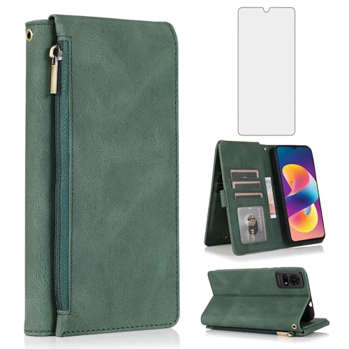 Coque TCL 50 LE premium en cuir rétro vert avec protection écran