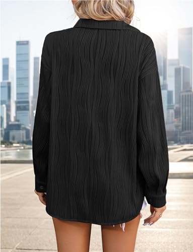 سيور قميص نسائي منسوج بازرار سفلية فضفاضة، بلايز تونيك سادة كاجوال باكمام طويلة وقبة للعمل والمكتب، لون اسود، مقاس M