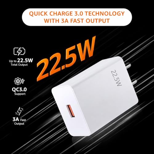 Image of 22.5W Fast Charger with USB-C Cable, Quick Charge 3.0 Power Adapter Compatible with Redmi Note Series, Poco, Mi, Any Type C Devices - with Power Delivery (White) (VN-22.5W j3)