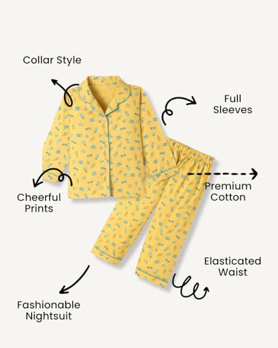 Image of Girls Premium Cotton Full Sleeves Printed Nightsuit Set | Collar Style Night Dress for Girls | Soft & Breathable Pajama Set | Trendy Kids Sleepwear & Nightwear