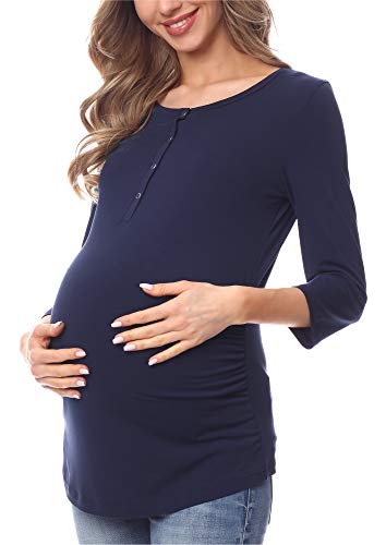Be Mammy Camiseta Premamá Embarazo Lactancia BE20-224 (Azul Marino (Manga 3/4), L)
