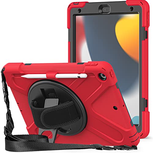 Kiq Rotating Case For Ipad 9Th Generation (2021) / 8Th Generation (2020) / 7Th Gen (2019) 10.2 Inch - 360 Rotating Stand Protective Drop-Proof Cover With Pencil Holder/Shoulder Strap Red #TOP12