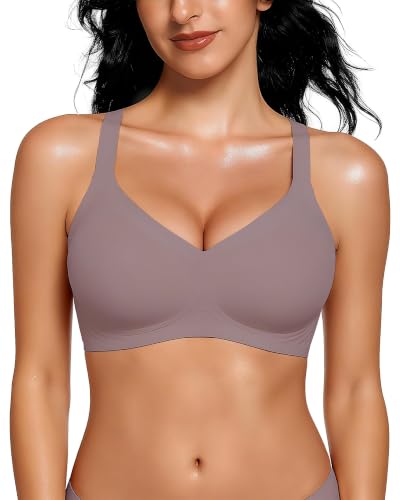 Image of Vinfact Womens V Neck Wireless Seamless Bras No Underwire Comfortable Push Up Bras Supportive Full Coverage Bralettes T Shirt Bra, Grey, L