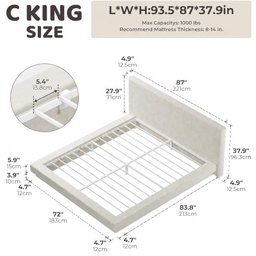 Image of RECCI AirFrame Cloud Upholstered Bed Frame with Extra Wide Headboard, 5 Inch Foam Fully Cushioned Platform, Easy Assembly, No Box Spring Needed (Beige, California King)