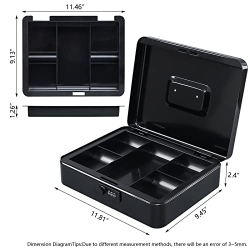 Image of KYODOLED Metal Cash Box with Combination Lock Money Box for Cash Safe Metal Box with Money Tray for Security Lock Box 11.81 inchx 9.45 inchx 3.54 inch Black X Large