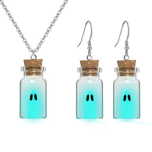 Gonashow Ghost Earrings & Necklace Blue Glow in The Dark Adopt A Ghost Earrings for Women Men Spooky Halloween Jewelry Set
