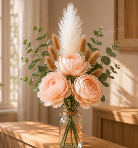 Image of Divyakosh Artificial Flowers for Vase (Vase Not Included) Light Peach Peony Bouquet with Eucalyptus, Bunny Tails & Pampas Grass for Living Room, Table Centerpiece, Home Decor