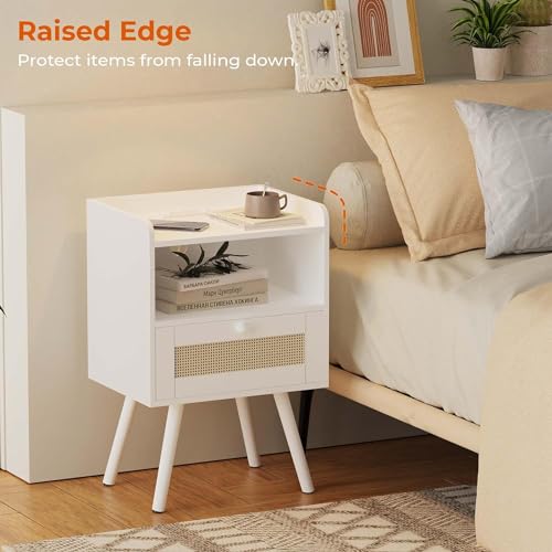 SUPERJARE Nightstand with Charging Station & Rattan-Like Decor Drawer, Rattan End Table with Solid Wood Feet, Bed Side Table with Open Storage, for Bedroom, Living Room, Dormitory - White