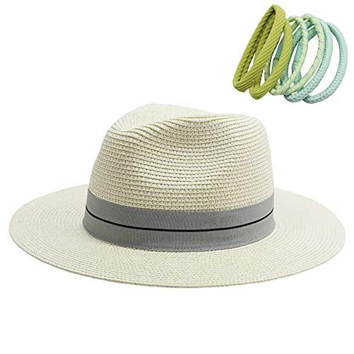 jiaoji Women s Straw hat Panama hat Tweed hat Beach Sun hat Wide Brim (Panama-Off-White)