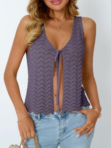 Image of LILLUSORY Crochet Tops for Women Summer Vacation Outfits Beach Coverup Going Out Tie Front Spring Sweater Vest 2026 Fashion
