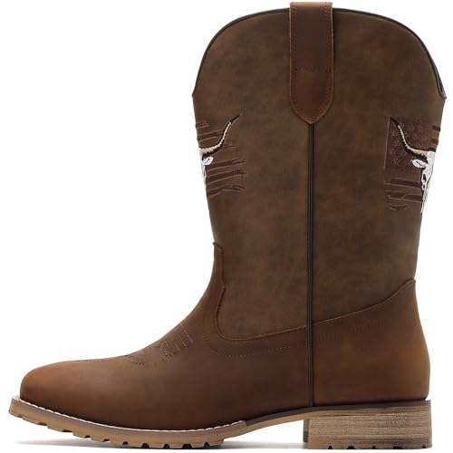 Image of JASONSTAR Western Cowboy Boots for men, Vintage Distressed Brown Square Toe Mid-Calf Boots with Longhorn Skull American Flag Embroidery, Non-Slip Rubber Sole Comfortable for Riding Outdoor Daily Wear