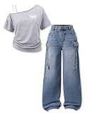 Kxuryueo Girl School Clothes One Shoulder Top & Wide Leg Denim Outfit Set for Tween/Teen Girls Size 15 16