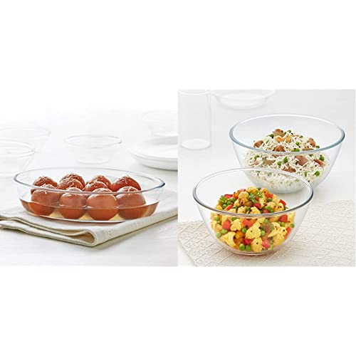 Image of Borosil Oval Baking Dish, 700ml, Transparent & Glass Mixing Bowl - Set of 2 (500 ML + 1.3L) Oven and Microwave Safe Combo