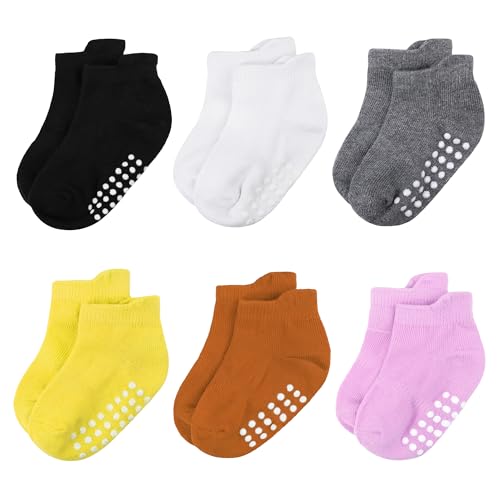 jealkip ベビー&トドラーソックス、ソフトコットン ノンスリップ アンクルソックス 新生児、男の子、女の子用, 6組-ブラック/ホワイト/グレー/イエロー/キャラメル/ピンク, 4-7 Years（Amazon）