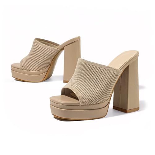 Women's Knit Platform Chunky Heels Fashion Sandals Sexy Square Open Toe Slip-On Block High Heel Slippers Summer Party Dress Mules