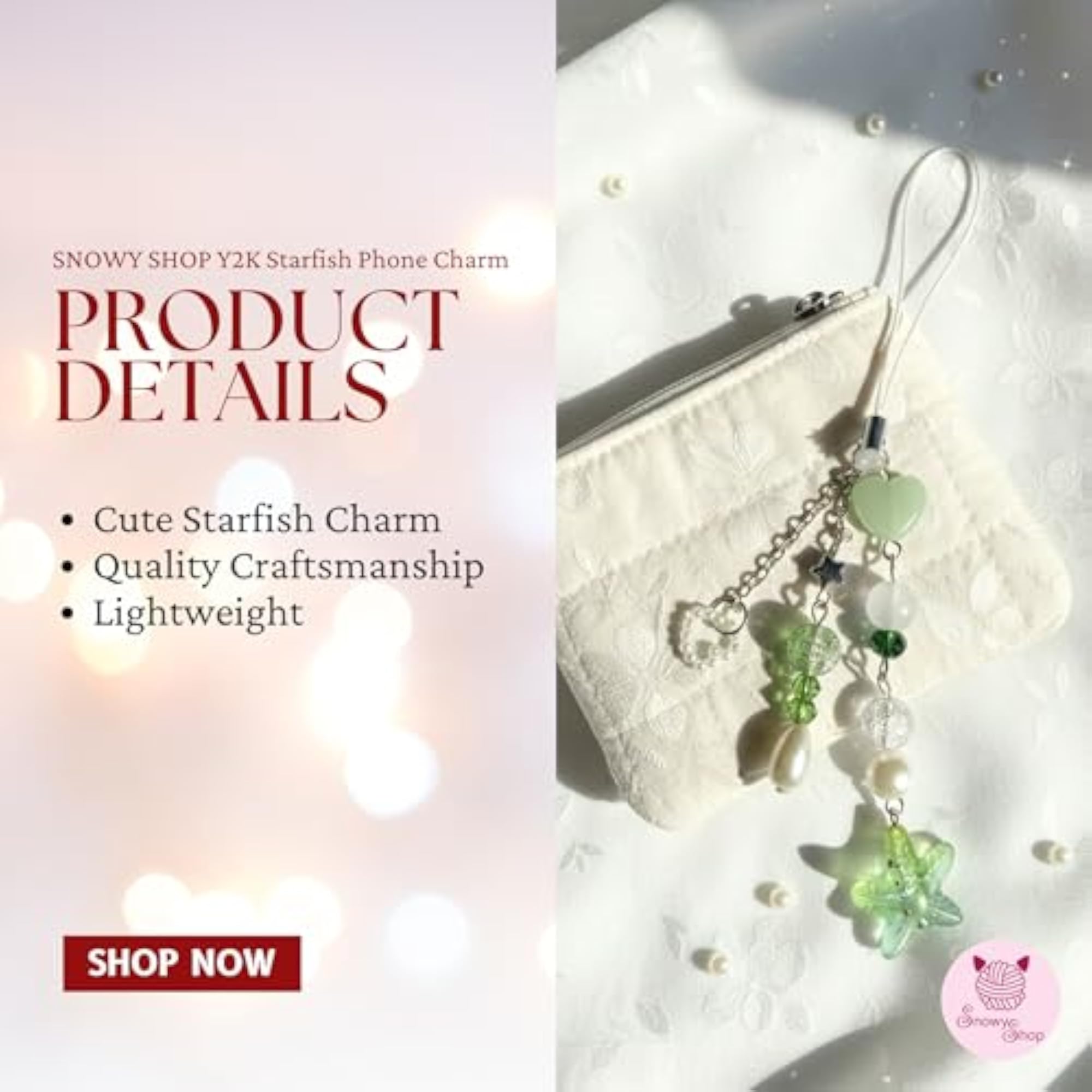 SNOWY Silver Bow Phone Charm with Heart & Starfish Pendant