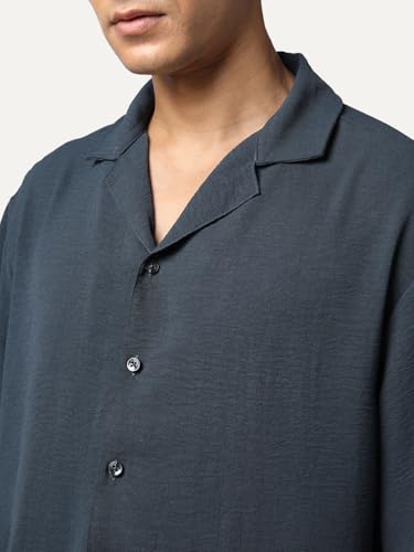 Image of Urbano Fashion Men's Cotton Half Sleeve Relaxed Fit Textured Shirt with Cuban Collar