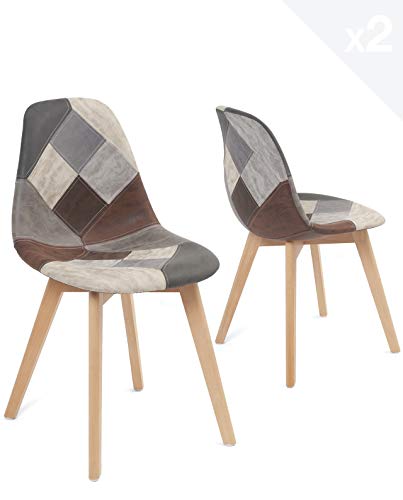 KAYELLES Lot de 2 chaises Patchwork Multicolore scandinaves rembourrées Salon Salle à Manger, Pieds Bois de hêtre Clair NADA (Gris-Bleu)