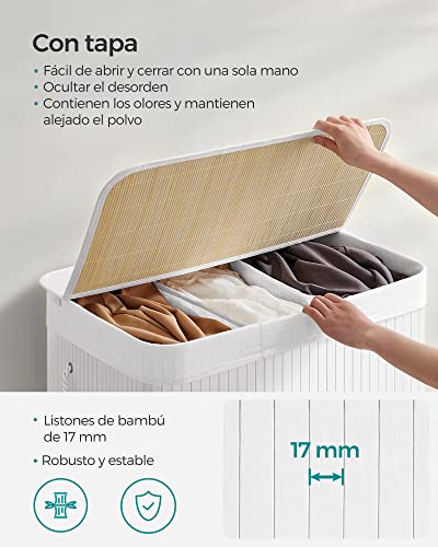Miniatura 3 de Songmics Cesto Ropa Sucia, 150 L, Cesta Ropa Sucia 3 Clasificaciones, Con Tapa, Bambú, Con Asas, Plegable, Bolsa Interior Extraíble Y Lavable A Máquina, Para Lavandería, Dormitorio, Blanco Lcb091w01