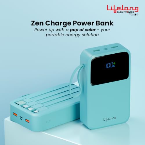 Image of Lifelong Electronics 20000mAh 22.5W Fast Charging Power Bank | 3 Inputs (1 Built-in USB A Cable + 1 C + 1 Lightning Port) & 6 Outputs (3 Built-in Cables + 1 C + 2 A Port) | Small Pocket Size Powerbank